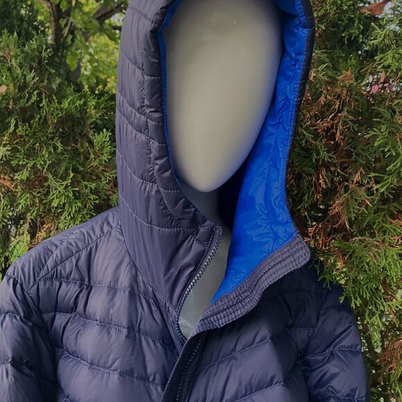 Size 2XL Packable Ankle Length Down Coat with Hood / Navy with Royal Blu… - Picture 4 of 12